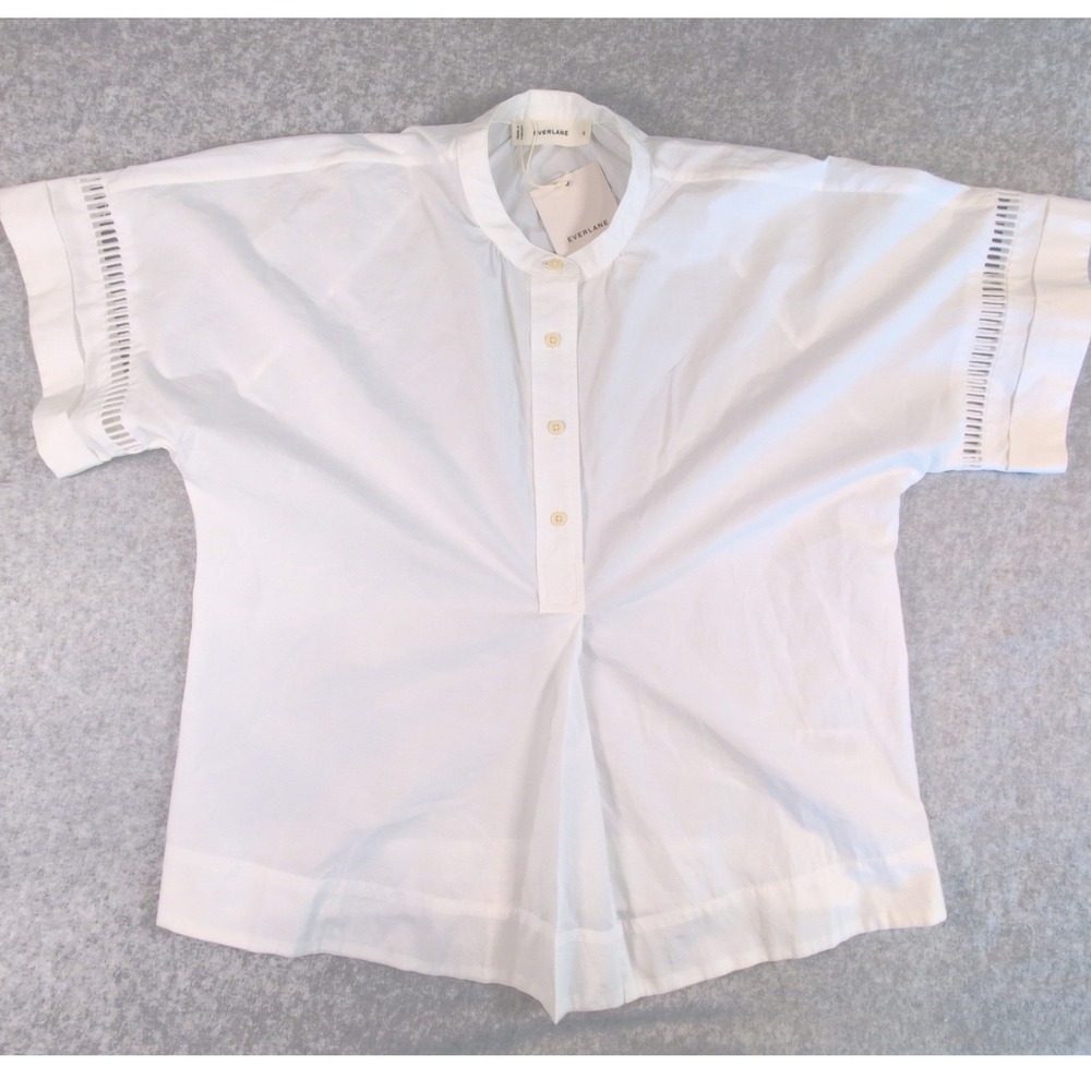 Everlane Women White Organic Cotton  Lace Short Sleeve Band Collar Blouse Size S